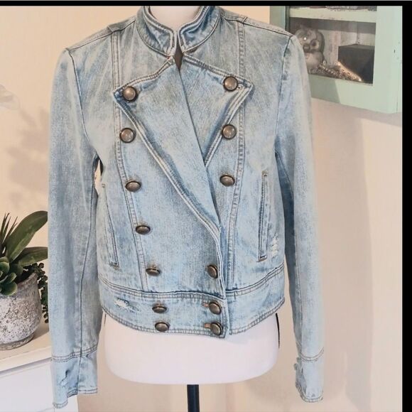 Free People Moto Double Breasted Denim Jacket. Country. Military.Coastal Cowgirl - Picture 11 of 14
